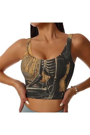 Women's Sports Bra Vest Soft U-Back Workout Crop Top Breathable Tank, Grim Reaper Skeleton Angel Vintage Horror