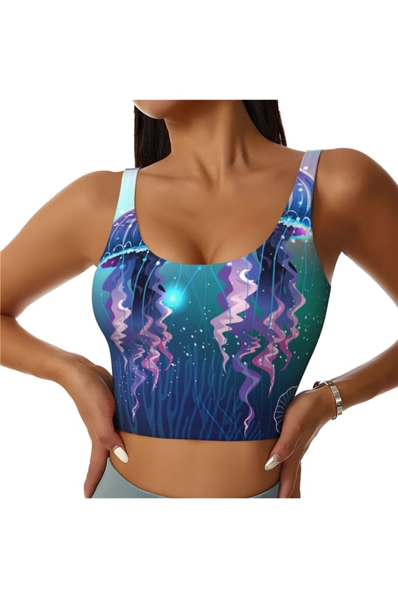 Women's Sports Bra Vest Soft U-Back Workout Crop Top Breathable Tank, Magic Neon Light Jellyfish