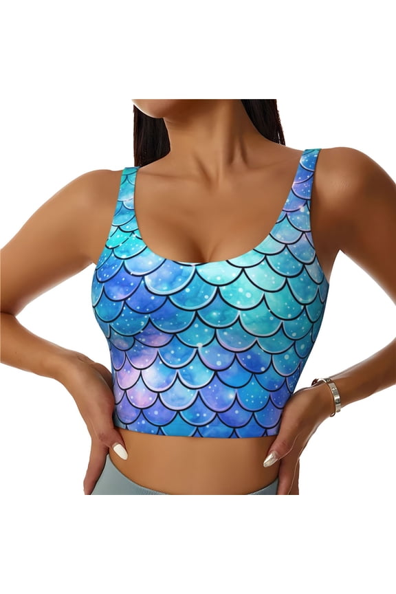 Women's Sports Bra Vest Soft U-Back Workout Crop Top Breathable Tank, Mermaid Scales Fish Scale Blue