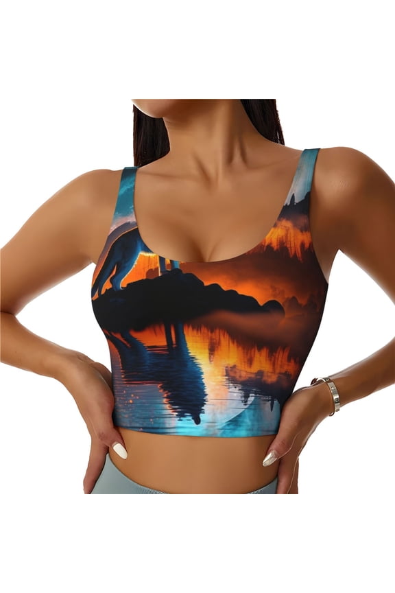 Women's Sports Bra Vest Soft U-Back Workout Crop Top Breathable Tank, Wolf Howling Night Moon River