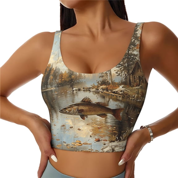Women's Sports Bra Vest Workout Crop Top Breathable Yoga Tank, Hunting Cabin Fish Leaf Fishing Vintage