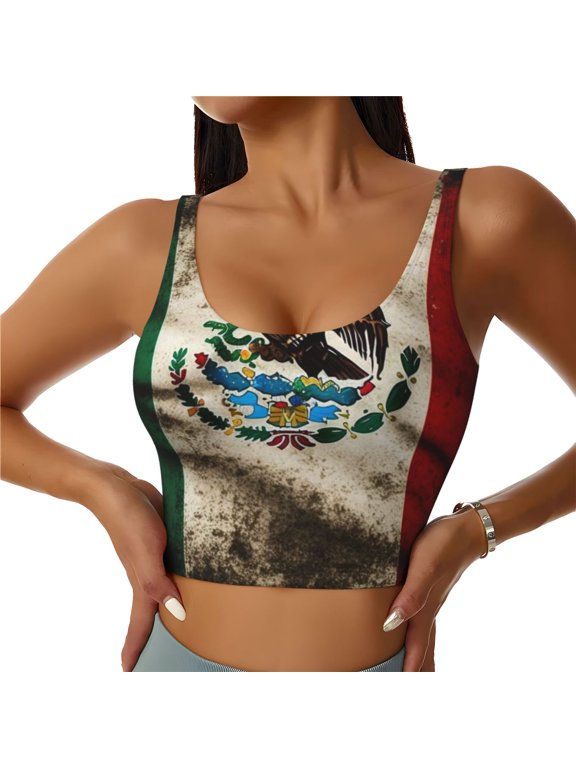 Women's Sports Bra Vest with Removable Pads Workout Crop Top Tank, Mexican American Flag Proud Mexico