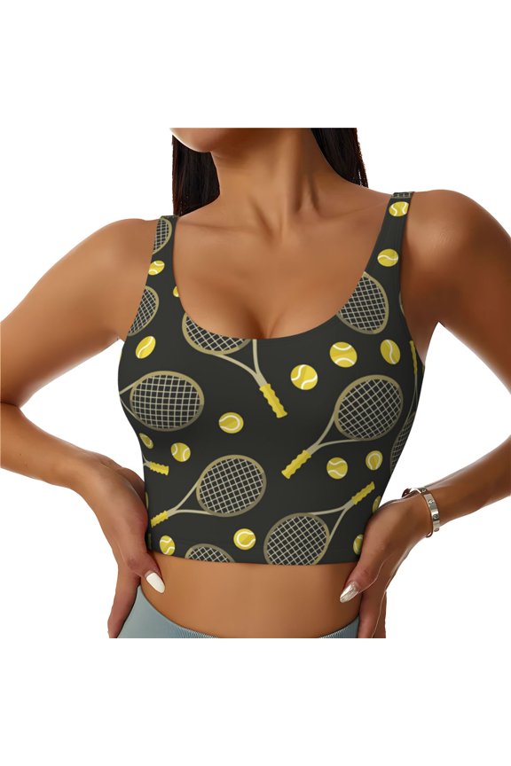 Women's Sports Bra Vest with Removable Pads Workout Crop Top Tank, Sports Pattern Tennis Ball