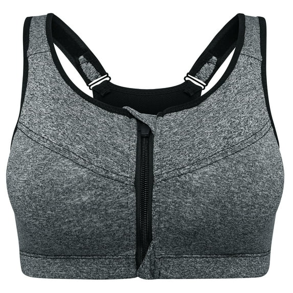 Women's Sports Bra Wireless Bra Zip Front with Removable Pads Yoga Bra for Workout Fitness, Gray, 2XL