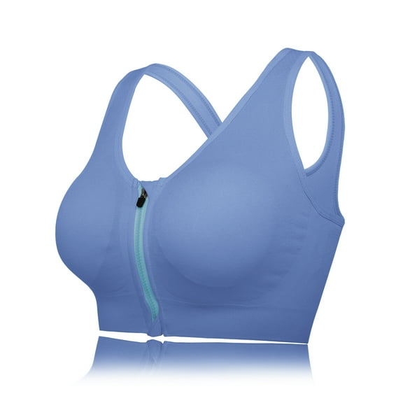 Women's Sports Bra Wireless Post Bra Zip Front with Removable Pads Yoga Bra for Workout Fitness, Light Blue, S