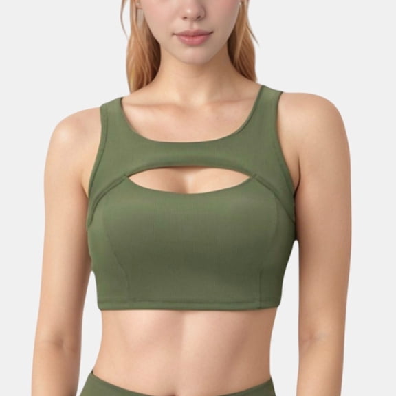 Women's Sports Bra with Scoop Neck and Front Cutout Design for Low to Medium Impact Workouts - Small, Olive Green