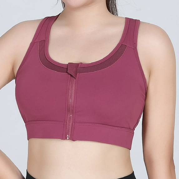 Women's Sports Bras Front Zipper One-piece Large Size Sports Underwear Shockproof High-strength Yoga Vest Fitness Running Fixed Bra Cover Bras for Women No Underwire Purple 2XL