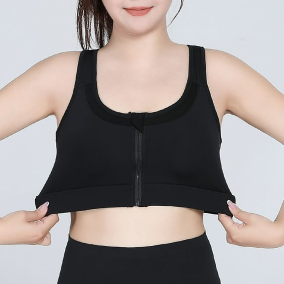 Women's Sports Bras Front Zipper One-piece Large Size Sports Underwear Shockproof High-strength Yoga Vest Fitness Running Fixed Bra Cover Bras for Women Black 2XL