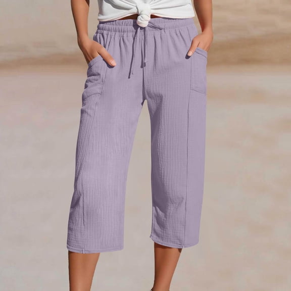 Women's Sports High Waisted Capris with Pocket Drawstring Cropped for Women Wide Leg Summer Shorts Light Purple S