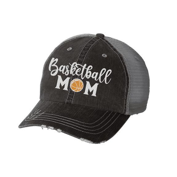 Women's Sports Mom Embroidered Ladies Fit Distressed Trucker Hat, Black, Basketball Mom