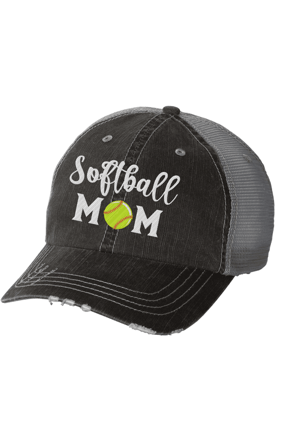 Women's Sports Mom Embroidered Ladies Fit Distressed Trucker Hat, Black, Softball Mom
