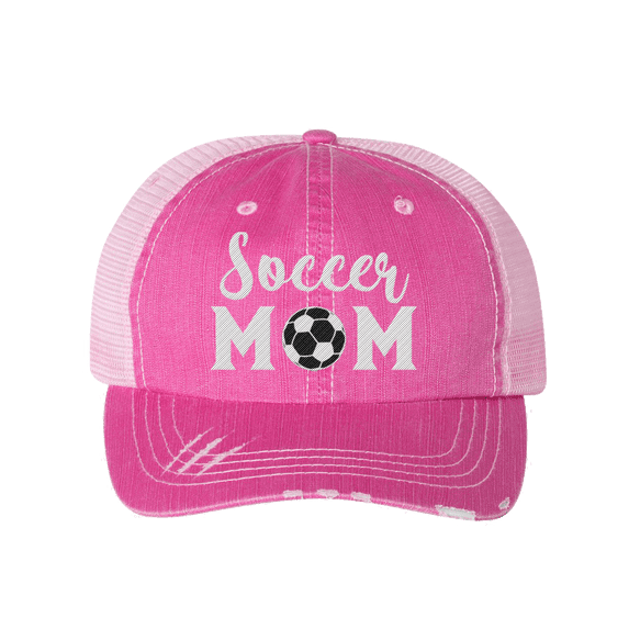 Women's Sports Mom Embroidered Ladies Fit Distressed Trucker Hat, Pink, Soccer Mom