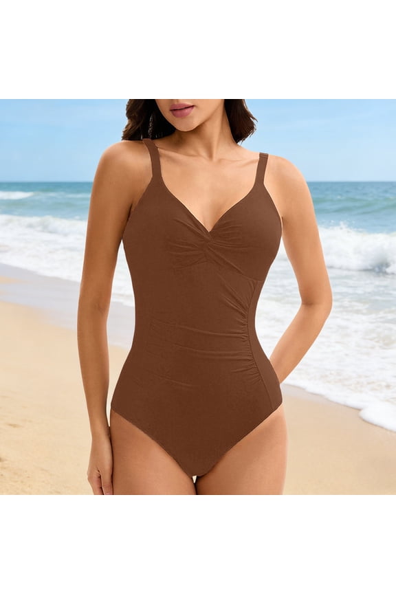 Women's Sports One-Piece Swimsuit Conservative Backless Triangle Push-Up Underwire Ruched High Waist Tummy Control Slimming High Stretch Cross-Border Beach Swimwear Coffee XL
