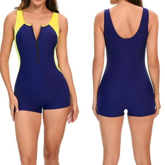 Women's Sports One-piece Swimsuit Diving Suit Surfing Suit Sleeveless Sun Protection Conservative Color Block Swimwear Blue,XL
