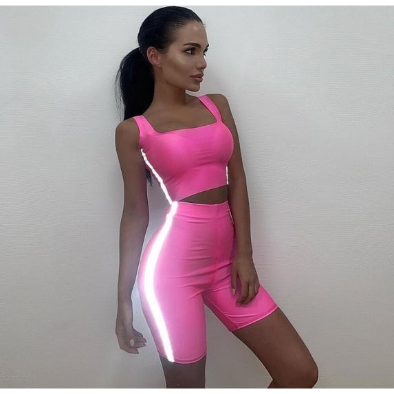 Women's Sports Reflective Ribbon Solid Color Casual Two-Piece Set