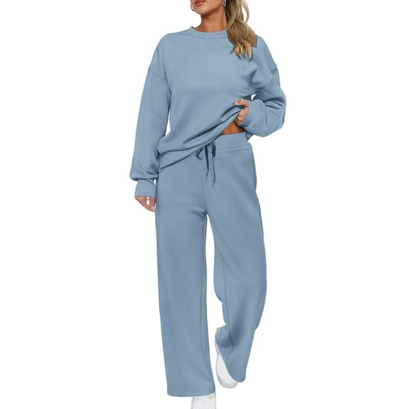 Women's Sports Suit Solid Color Pullover, Drawstring Straight-Leg Sweatpants, Casual Two-Piece Set for Active Lifestyle,Sky Blue,L