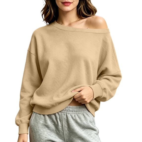 Women's Sports Sweatshirt Baeitkot Women's Winter Loose Shoulder Casual Sports Long Sleeved Pullover Sweatshirt Khaki XXXL