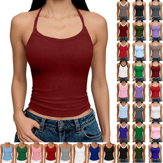 Women Tank Tops Round Neck Sleeveless Backless Summer Ribbed Fitted Cami Shirts