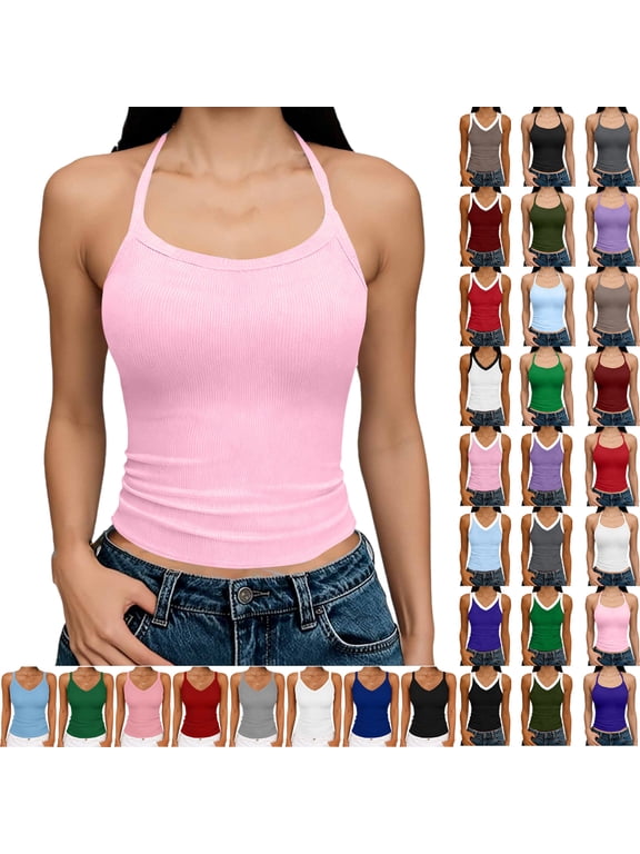 Women Tank Tops Round Neck Sleeveless Backless Summer Ribbed Fitted Cami Shirts