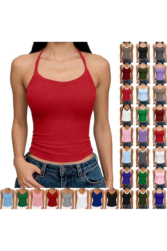 Women Tank Tops Round Neck Sleeveless Backless Summer Ribbed Fitted Cami Shirts