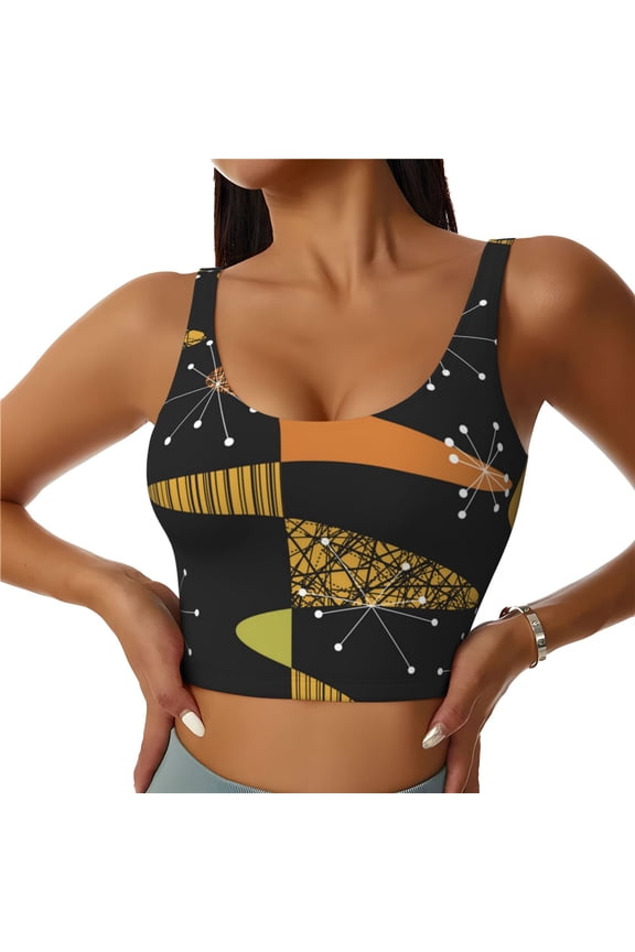 Women's Sports Vest Breathable Bra Top Workout Yoga Crop Tank, Atomic Age Geometric Mid Century