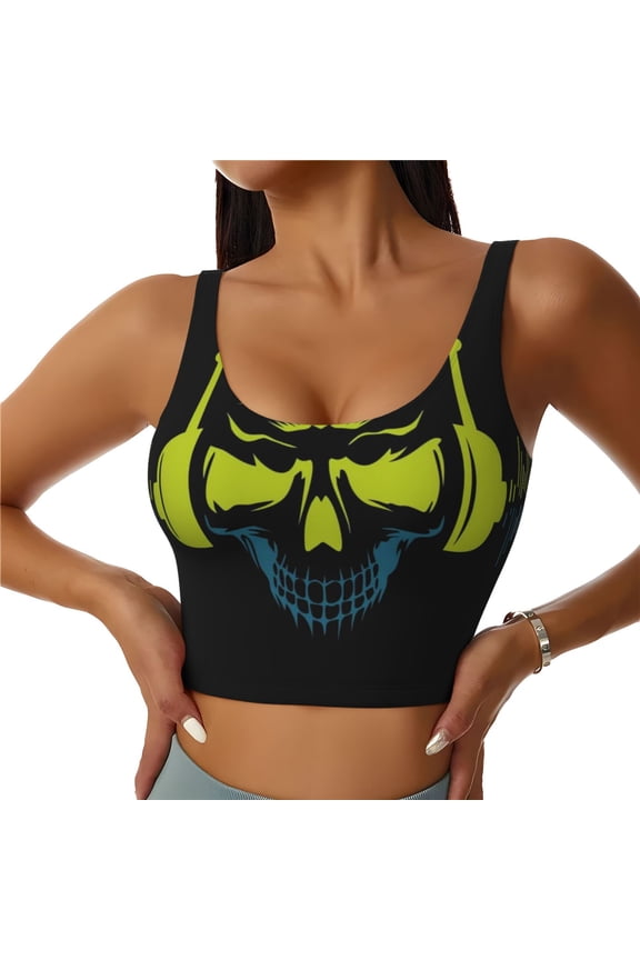 Women's Sports Vest Breathable Bra Top Workout Yoga Crop Tank, King Dj Skull