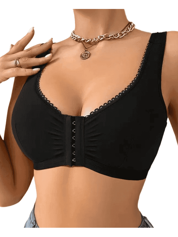Sports Bras for Women Front Close Sports Bras Seamless Bras No Underwire Wireless Comfort Bra Full Coverage Push Up Support for Everyday Wear Bra Black