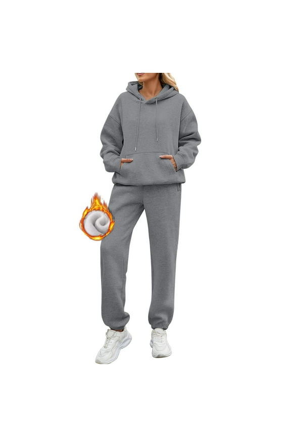 Women's Sportswear Set Autumn Plus Velvet Solid Color Travel Wear Long Sleeve Casual Pocket Jogging Hoodie 2 Piece Set Petite Pantsuit Jumpsuit Women plus Size Pants Suit Womens Tall Snow Pants plus