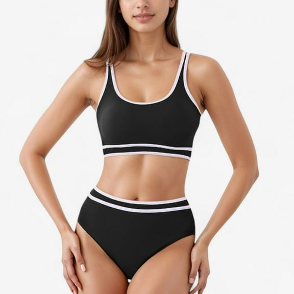 Women's Sporty High Waist Bikini Set with Contrast Trim and Scoop Neck Crop Top - Medium, Black