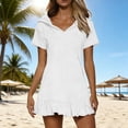 thumbnail image 1 of Women's Sporty Mini A-Line Dress Hooded V-Neck Short Sleeve Ruffle Hem Detail Lightweight Hooded T-Shirt Dress For Casual Active Wear Beach Vacation Summer, 1 of 9