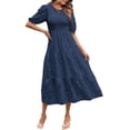 thumbnail image 1 of Women's Spring 2025 Crewneck Puff Sleeve Smocked Lace Textured Tiered A-Line Flowy Midi Dress, 1 of 11