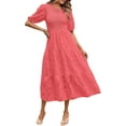 thumbnail image 1 of Women's Spring 2025 Crewneck Puff Sleeve Smocked Lace Textured Tiered A-Line Flowy Midi Dress, 1 of 11
