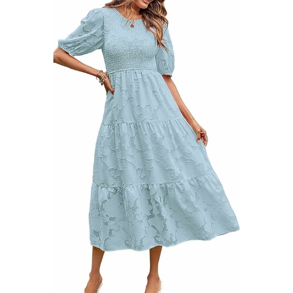 Women's Spring 2025 Crewneck Puff Sleeve Smocked Lace Textured Tiered A-Line Flowy Midi Dress