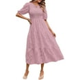 thumbnail image 1 of Women's Spring 2025 Crewneck Puff Sleeve Smocked Lace Textured Tiered A-Line Flowy Midi Dress, 1 of 11