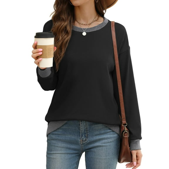 Women's Spring And Sports Shirt Round Neck Long Sleeve Loose Top Color Blocked Ribbed Edge Fashionable