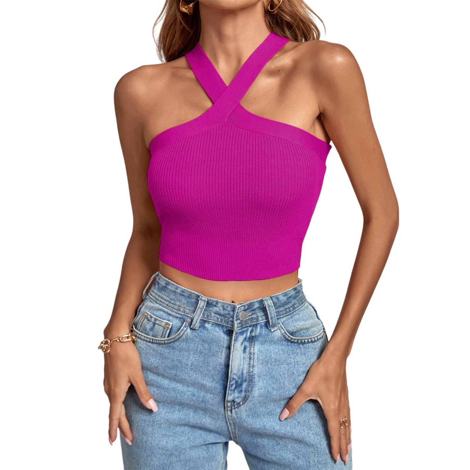 Women's Spring And Summer Cross Strap Open Back Strap Tank Top Knitted  Tight Top Backless Knitting Halter Camisole Cropped Tank Tops For Women  ,Pink,M