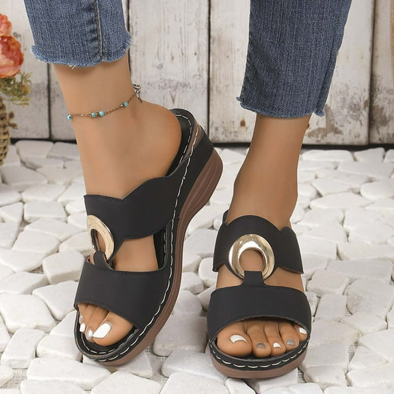 Women's Spring And Summer New Large Size Wedge Slippers Beach Metal Buckle Wedge Sandals Fashion Casual Beach Sandals Summer Sandals Black 39