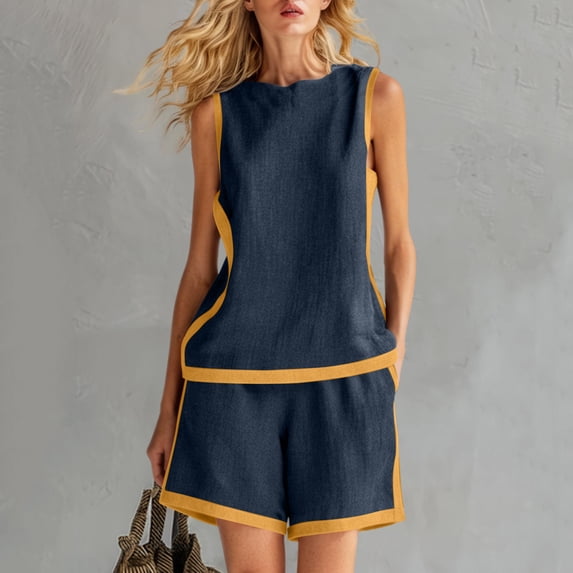 Women's Spring And Summer Solid Color Patchwork Round-Neck Top With Pockets Casual Backless Pants Set