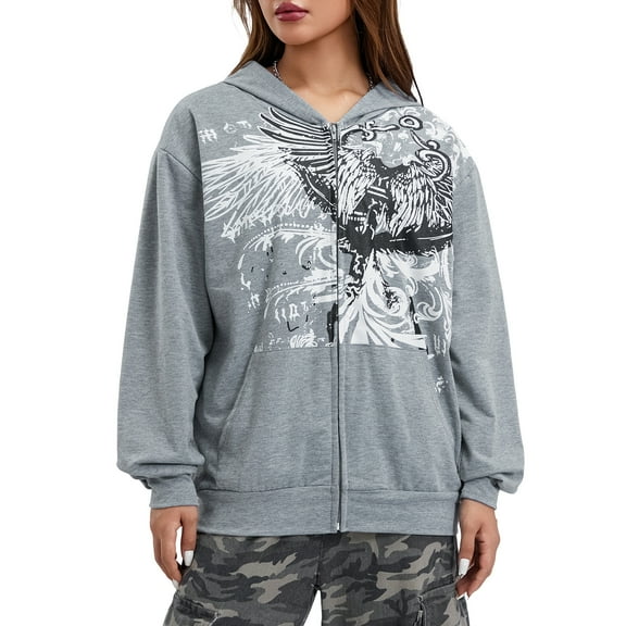 Women's Spring Autumn Casual Sweatshirt Jacket Long Sleeve Wing Print Zip Up Hooded Outerwear