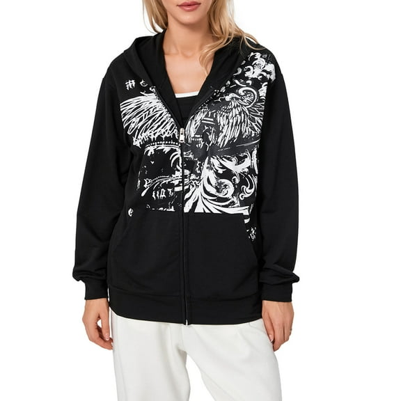 Women's Spring Autumn Casual Sweatshirt Jacket Long Sleeve Wing Print Zip Up Hooded Outerwear
