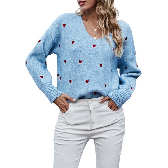 Women's Spring Autumn Knit Sweater Long Sleeve V Neck Heart Print Loose Knitwear