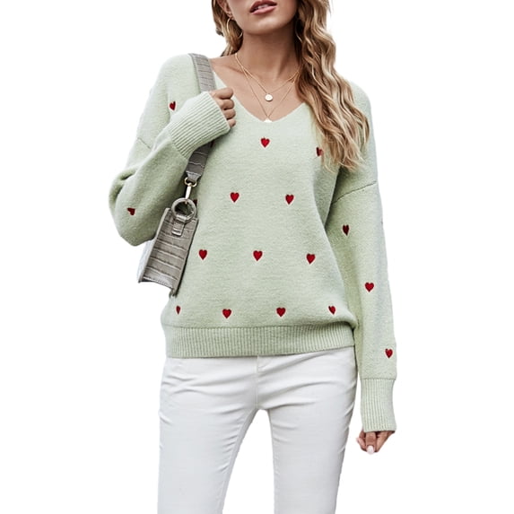 Women's Spring Autumn Knit Sweater Long Sleeve V Neck Heart Print Loose Knitwear