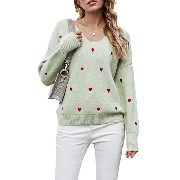 Women's Spring Autumn Knit Sweater Long Sleeve V Neck Heart Print Loose Knitwear