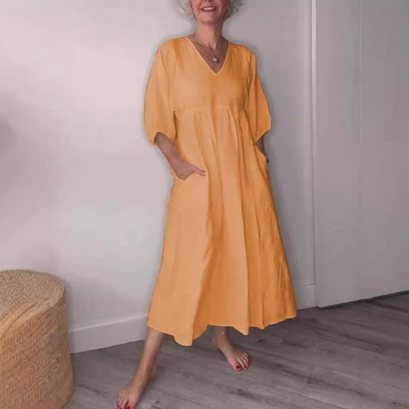 Women's Spring And Autumn And Linen Deep V Neck Pleated Solid Color Pocket Casual Dress Waster Dress Smock Dresses in Dresses Beach Dresses Maxi Wrap Dress Dress for Women Womens Casual Dresses Two