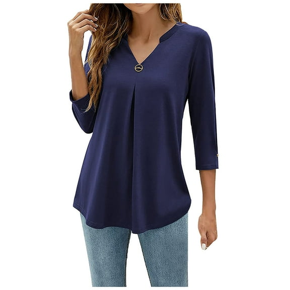 Women's Spring Autumn Winter Three Quarter Sleeve Solid Color V Neck Buckle Pleated Casual Pullover T Shirt Top Fitness Clothes for Women plus Size Womens plus Tops And Blouses Sleep for Women Tunic
