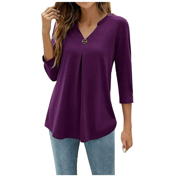 Women's Spring Autumn Winter Three Quarter Sleeve Solid Color V Neck Buckle Pleated Casual Pullover T Shirt Top Fitness Clothes for Women plus Size Womens plus Tops And Blouses Sleep for Women Tunic