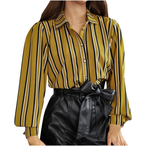Women's Spring Blouse Dressy Lapel Button up Striped Shirts for Work Office Business Casual Puff Long Sleeve Tops(Yellow,XL)