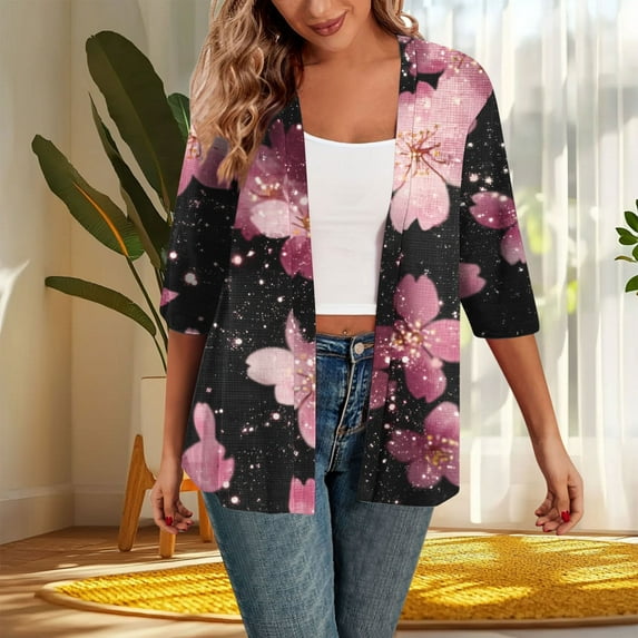 Women's Spring Cardigan 3/4 Sleeve Lace Casual Blouse Top