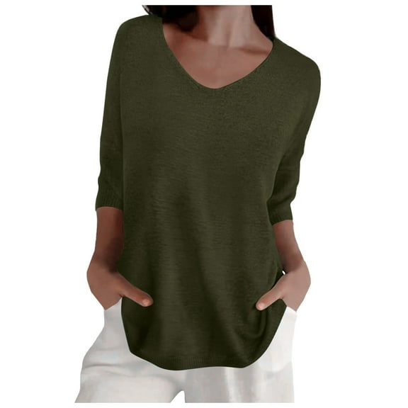 Women's Spring Casual 3/4 Sleeve V Neck Loose Knit Sweater Top - Solid Color Pullover - M-XXL