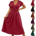 thumbnail image 1 of Women's Spring Casual Ruffle Short Sleeve Wrap V-Neck A-Line Loose Fit Swing Party Work Midi Dress Red XL(XL), 1 of 5